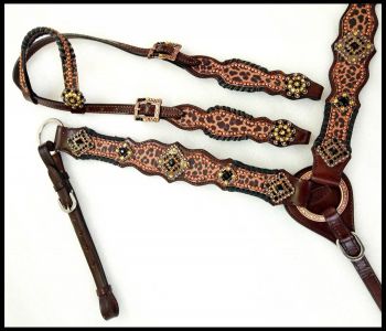 Showman Dark Oil One Ear Headstall and Breastcollar Set with Cheetah Print Inlay