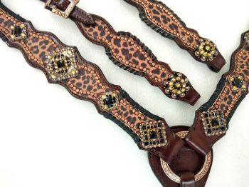 Showman Dark Oil One Ear Headstall and Breastcollar Set with Cheetah Print Inlay