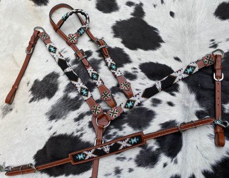 Showman 4 Piece Steer Head Beaded One Ear Headstall and Breastcollar Set