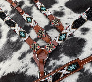 Showman 4 Piece Steer Head Beaded One Ear Headstall and Breastcollar Set